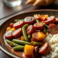 Cervelaat – groente mix met rodewijn saus en rijst.