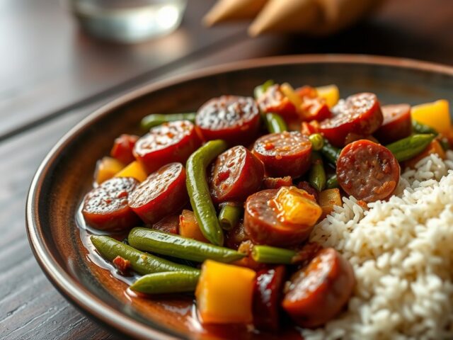 Cervelaat – groente mix met rodewijn saus en rijst.