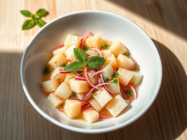 Ceviche van aardappel, witte vis en munt