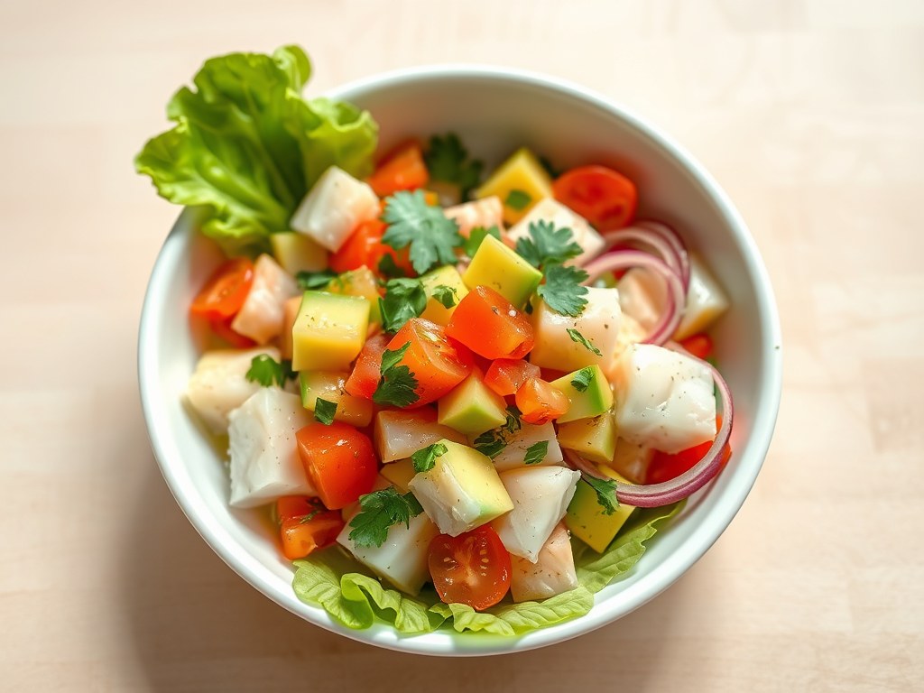 Ceviche van heilbot met avocado en Florida grapefruit, AI-gegenereerde illustratie