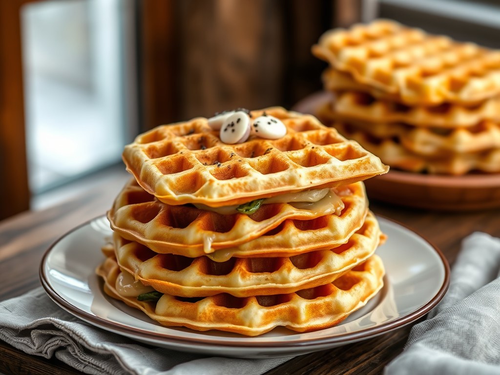 Champignon-aardappelwafels met kaas, AI-gegenereerde illustratie