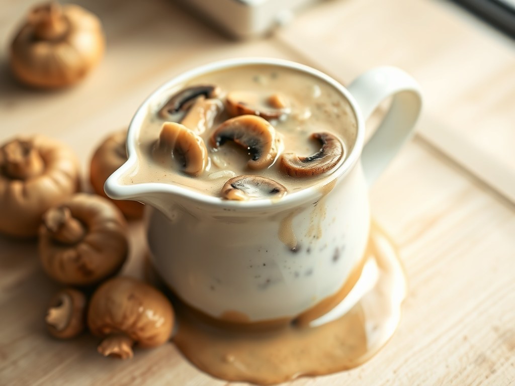 Champignon- roomsaus, AI-gegenereerde illustratie