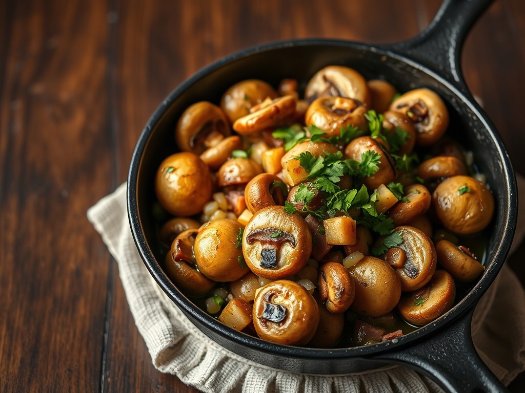 Champignons in knoflookkruidenolie, AI-gegenereerde illustratie