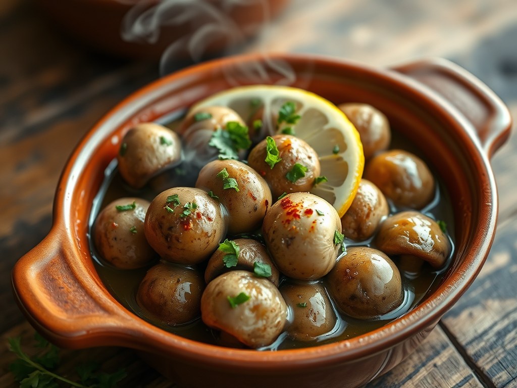Champignons in knoflooksaus (Champiñones al Ajillo), AI-gegenereerde illustratie