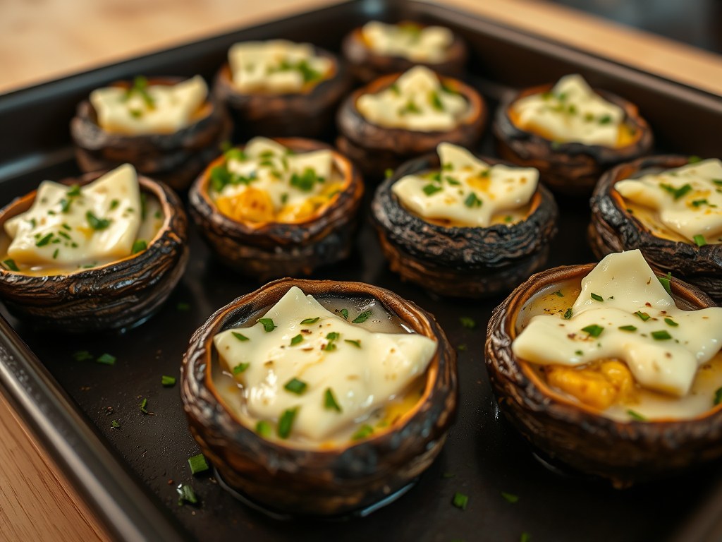Champignons met kruidenboter overbakken met Gorgonzola, AI-gegenereerde illustratie