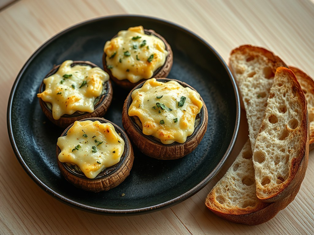 Champignons met kruidenkaas en Reblochon, AI-gegenereerde illustratie