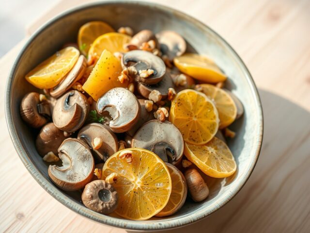 Champignonsalade met noten.