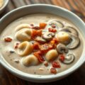 Champignonsoep met tortellini en spek