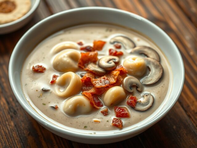 Champignonsoep met tortellini en spek