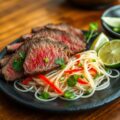Chateaubriand op z’n Thai, rijstvermicelli met rode paprikareepjes