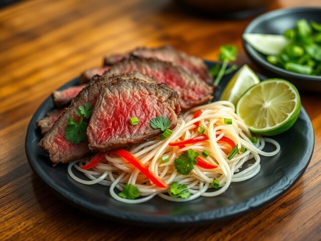 Chateaubriand op z’n Thai, rijstvermicelli met rode paprikareepjes