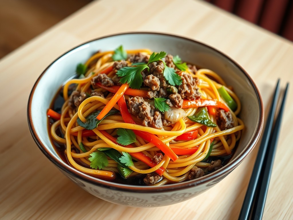 Chinese mie met roerbakgroenten, AI-gegenereerde illustratie