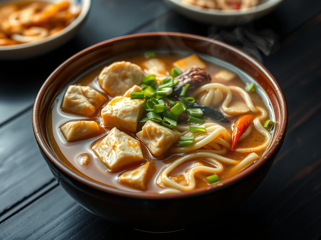 Chinese miesoep met kip, AI-gegenereerde illustratie