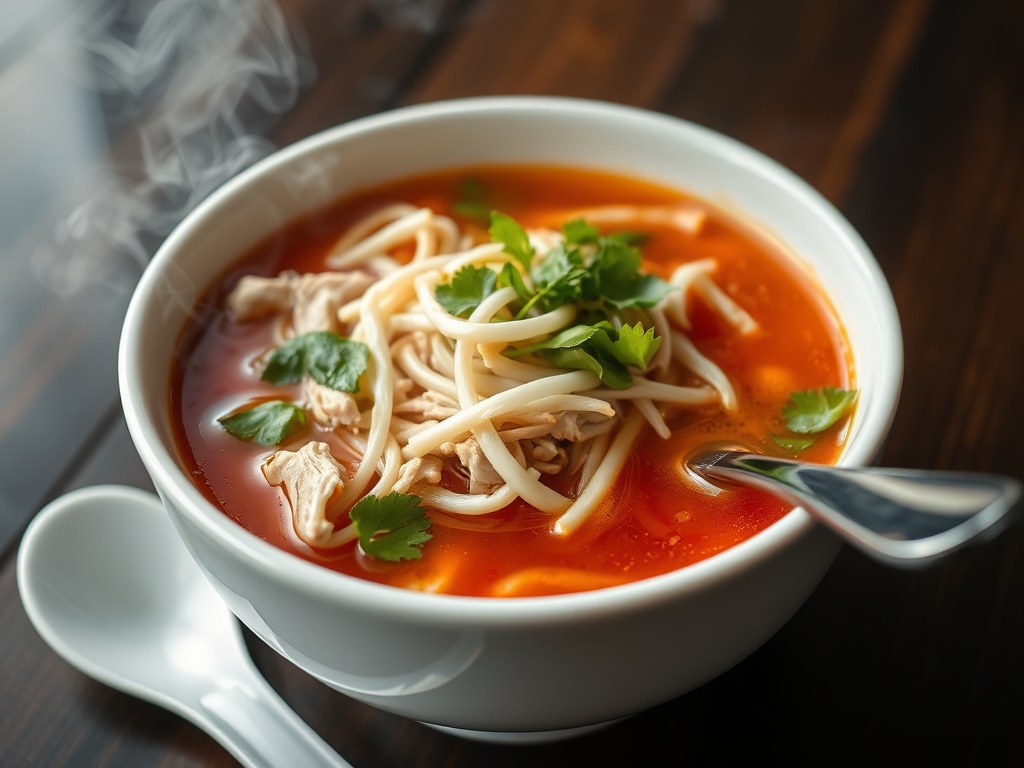Chinese Tomatensoep met Kip, Taugé en stukjes Omelet, AI-gegenereerde illustratie
