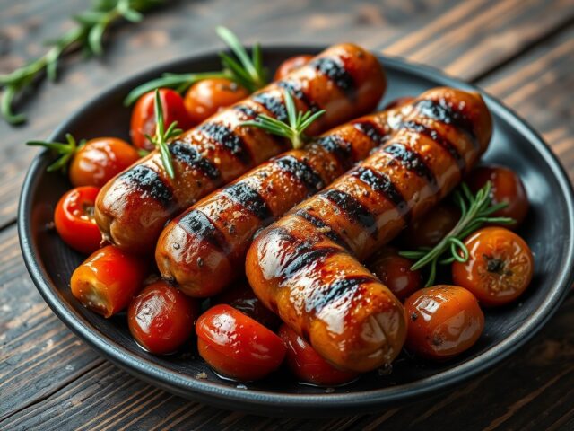 Chipolata’s met kerstomaten, honing en rozemarijn
