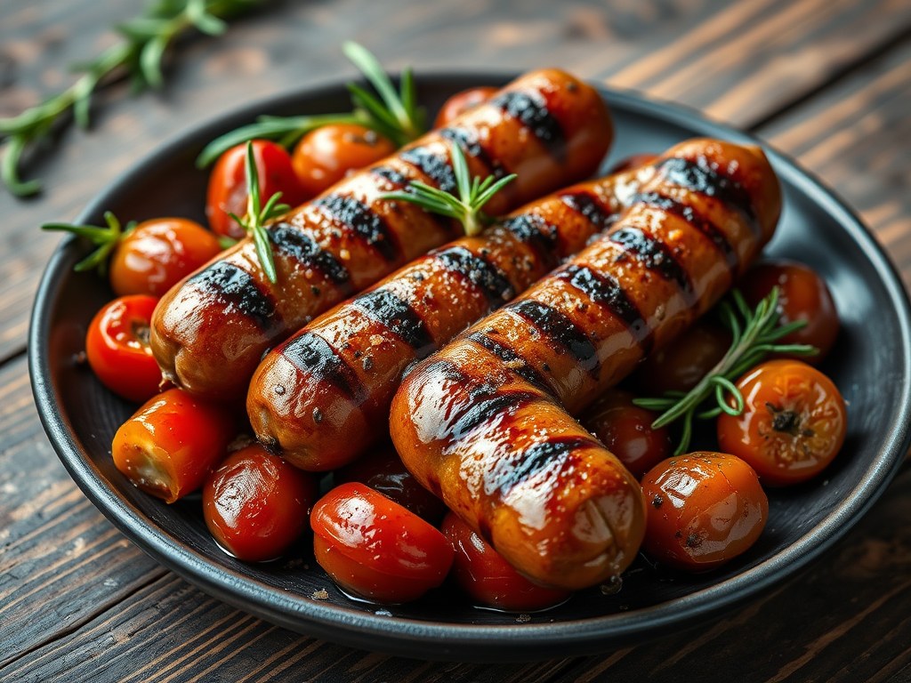 Chipolata’s met kerstomaten, honing en rozemarijn, AI-gegenereerde illustratie