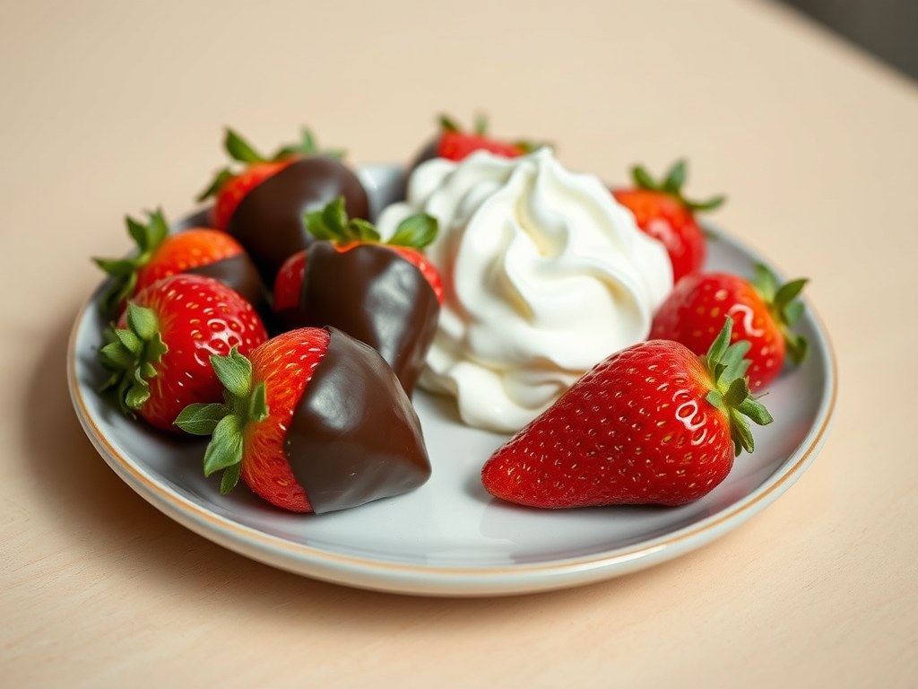 Chocolade aardbeien met slagroom, AI-gegenereerde illustratie