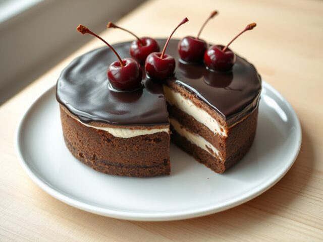 Chocolade-roomtaart met kersen