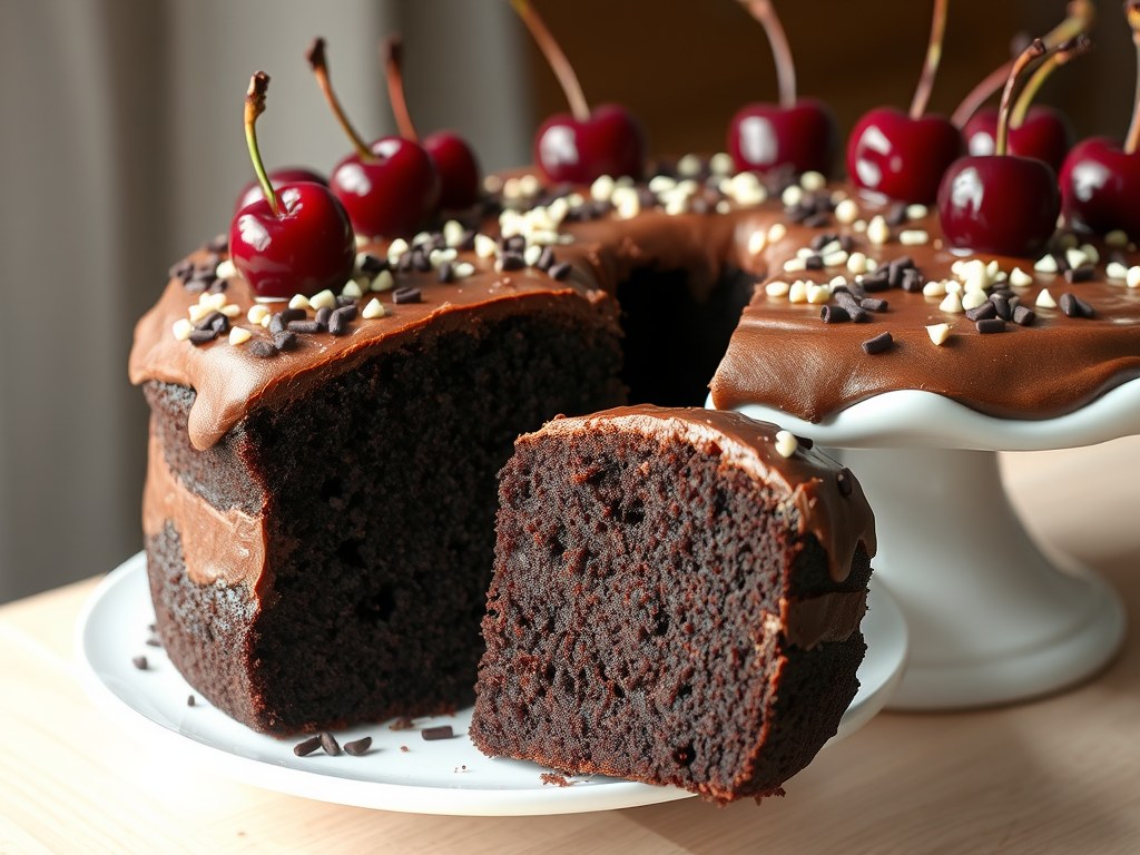Chocoladecake met kersen en Baileys, AI-gegenereerde illustratie