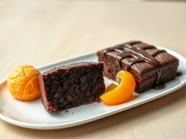 Chocoladecake met sorbet van mandarijn