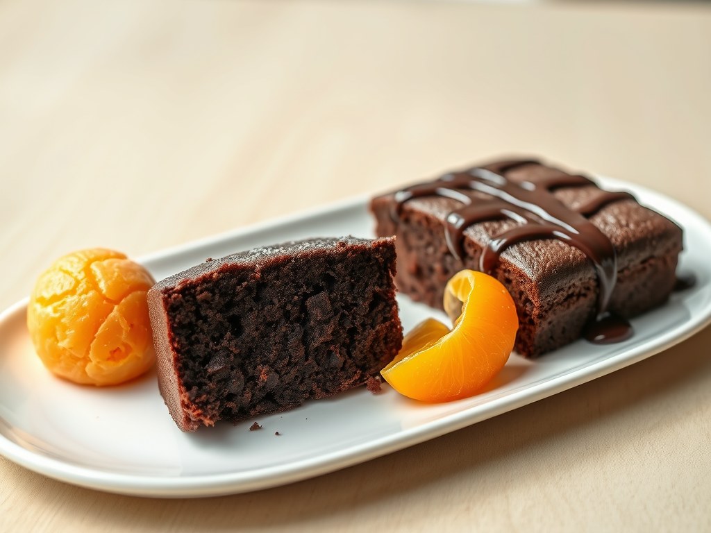 Chocoladecake met sorbet van mandarijn, AI-gegenereerde illustratie