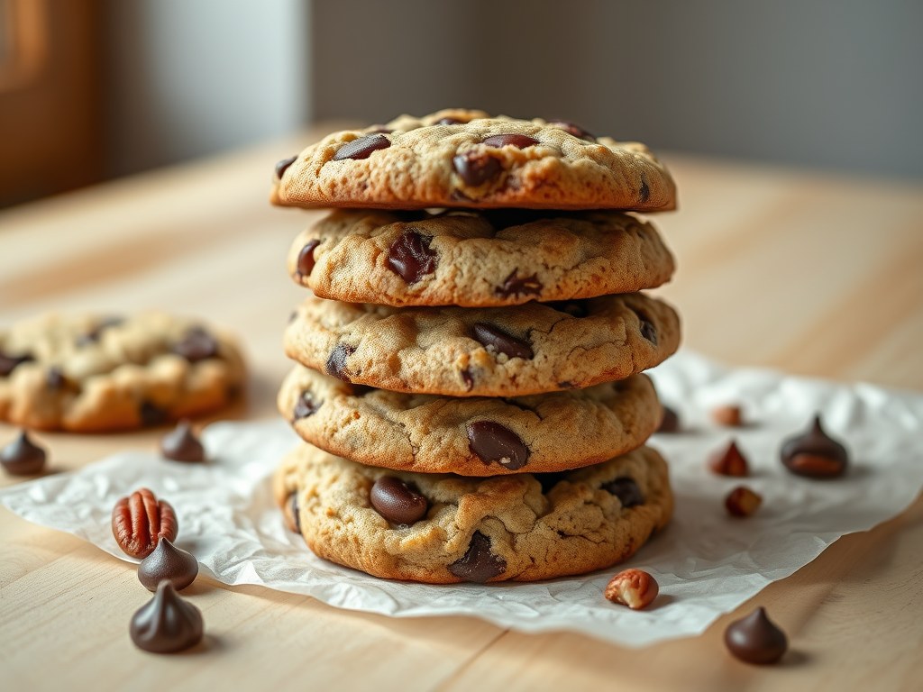 Chocoladekoekjes met muesli en pecanoten, AI-gegenereerde illustratie