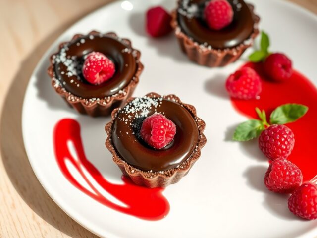 Chocolademoussetaartjes met frambozencoulis