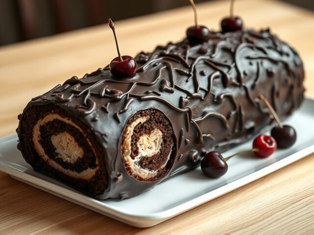 Chocoladestronk met kastanjes en kersen