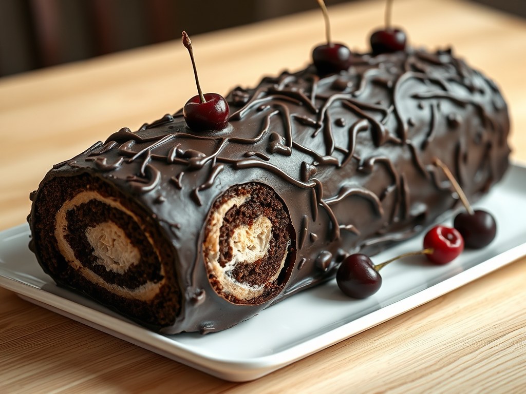 Chocoladestronk met kastanjes en kersen, AI-gegenereerde illustratie