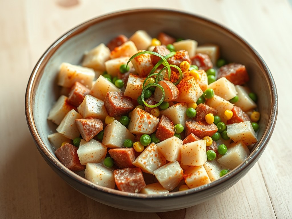 Chorizo-aardappelsalade, AI-gegenereerde illustratie