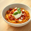Chorizo bolognese met spaghetti en burrata