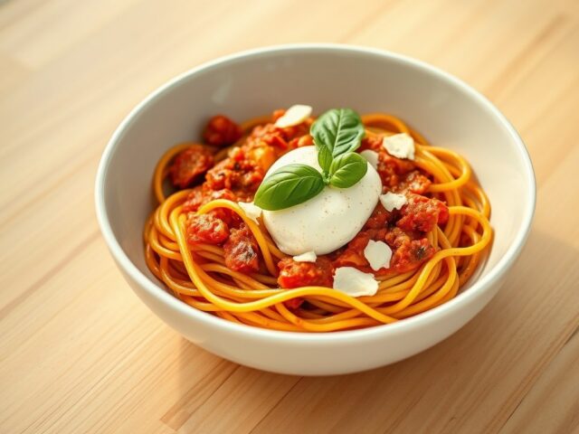 Chorizo bolognese met spaghetti en burrata