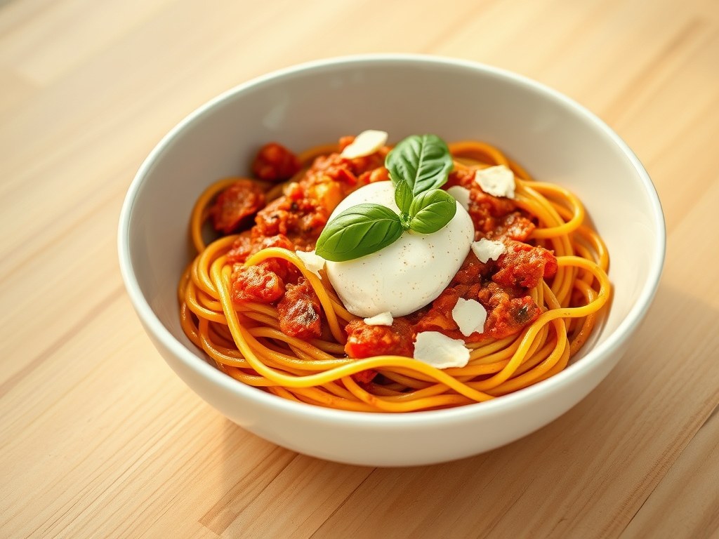 Chorizo bolognese met spaghetti en burrata, AI-gegenereerde illustratie