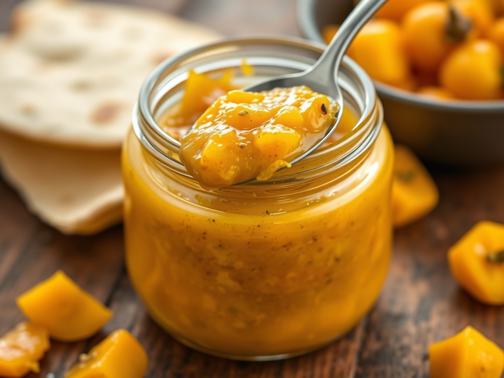 Chutney van gele tomaten en paprika, AI-gegenereerde illustratie