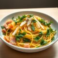 Citroen spaghetti met rucola, beenham en Grana Padano. Een snelle zomerse pasta.