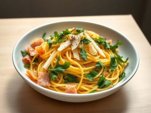 Citroen spaghetti met rucola, beenham en Grana Padano. Een snelle zomerse pasta.