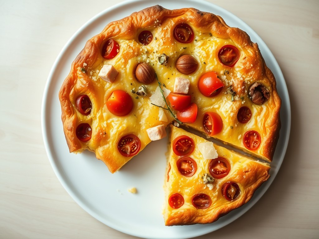 Clafoutis van tomaten met hesp, AI-gegenereerde illustratie