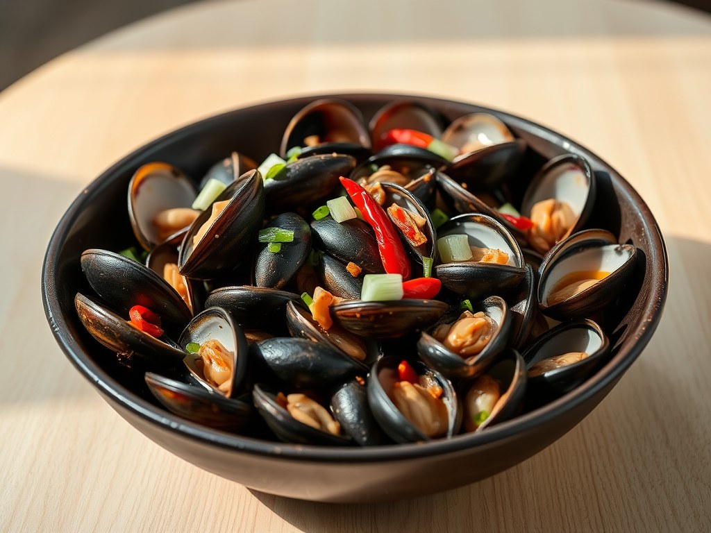 Clams met gember, knoflook en zwarte bonen, AI-gegenereerde illustratie