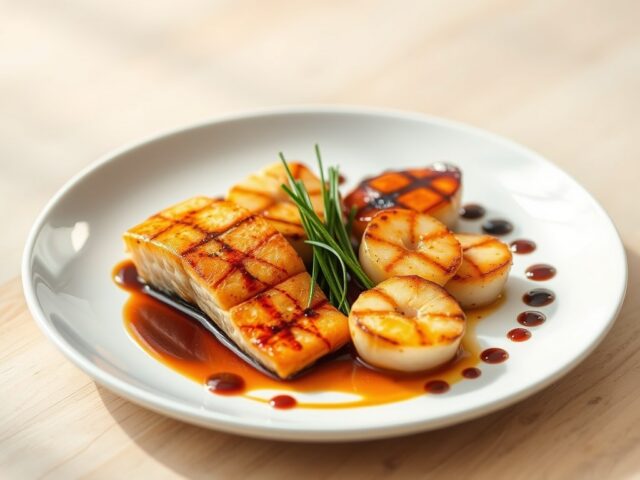 Compositie van Zalm, Scampi en Coquilles