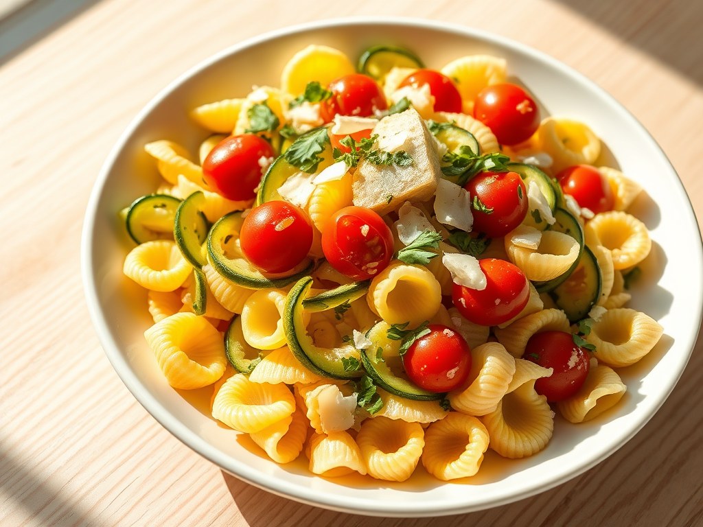 Conchiglie met courgette en kerstomaten, AI-gegenereerde illustratie