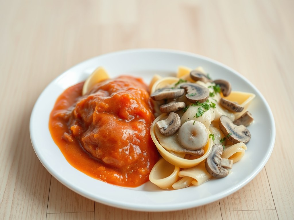 Conchiglie met twee sauzen, AI-gegenereerde illustratie