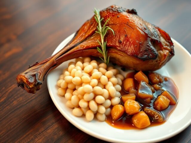 Confit van Tamme Eend met Witte Bonen en Uiencompote