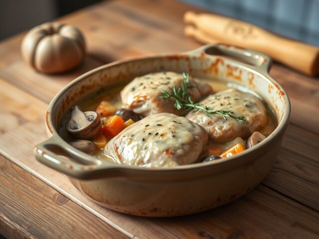 Coq au cidre uit de oven met kaassaus