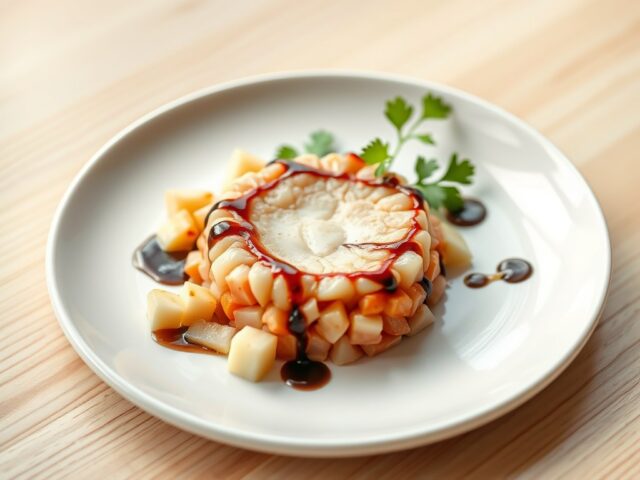 Coquille-zalmtartaar met appel en Balsamicoroom