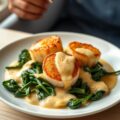 Coquilles en Spinazie met Currysaus