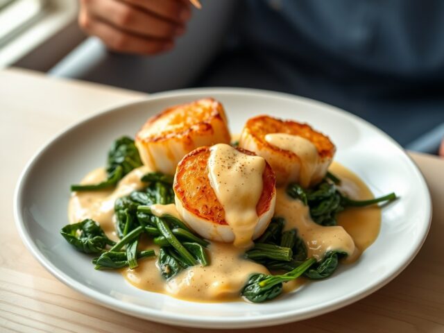 Coquilles en Spinazie met Currysaus