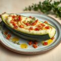 Courgette, gevuld met aardappelcrème met spek en peterselie