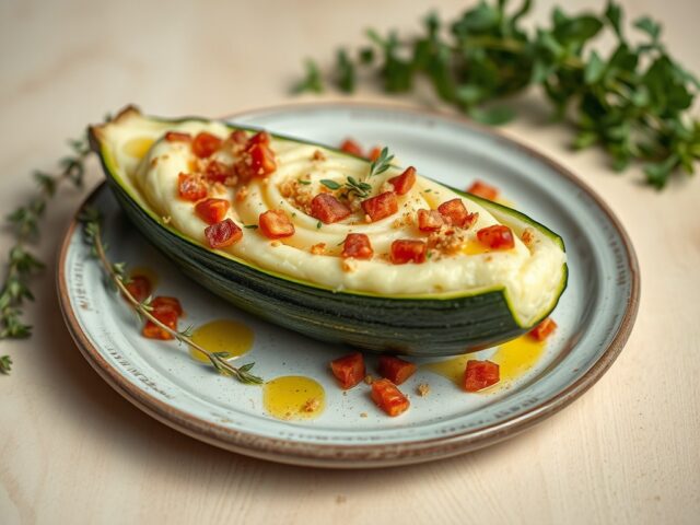 Courgette, gevuld met aardappelcrème met spek en peterselie