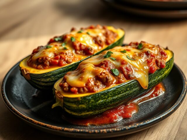 Courgette, gevuld met zelfgemaakte bolognese saus
