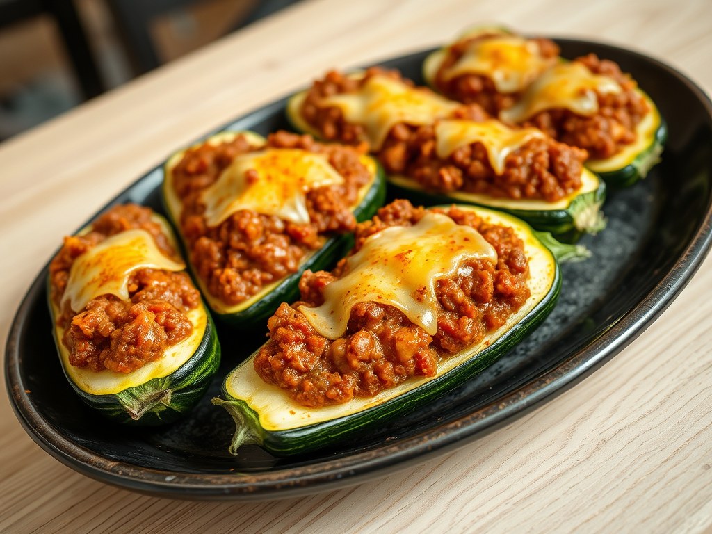 Courgette, gevuld met zelfgemaakte bolognese saus test, AI-gegenereerde illustratie